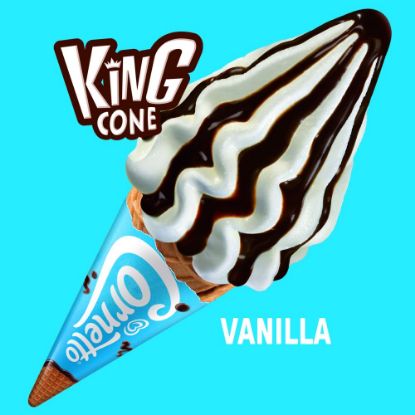 Bild von King Cornetto Vanille mit der Beschreibung Cremiges Vanilleeis mit einem Spritzer Schokosauce in einer knusprigen Cornetto-Waffel.