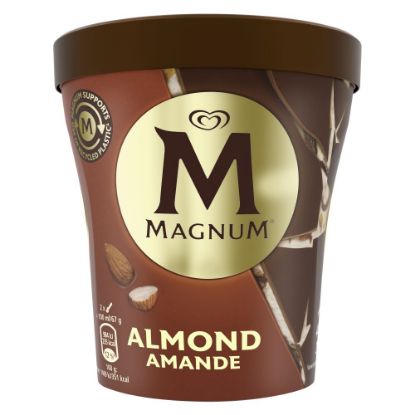 Bild von Magnum Pint Mandel mit der Beschreibung Vanilleeiscreme mit Milchschokoladenstücken, Mandelstiften in einer knackigen Milchschokoladenhülle.