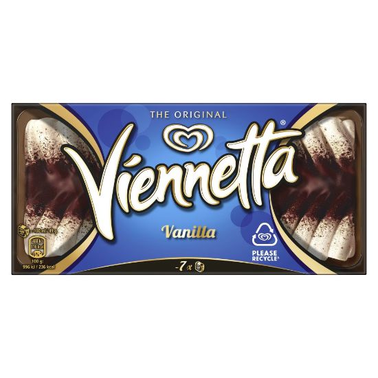 Bild von Viennetta Vanille mit der Beschreibung Eis mit Vanillegeschmack, von feinen schokobraunen Knisperschichten durchzogen.