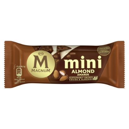 Bild von Magnum Mini Mandel mit der Beschreibung Leckeres Vanilleeis mit einem knackigen Milchschokoladenüberzug mit Mandelstückchen.