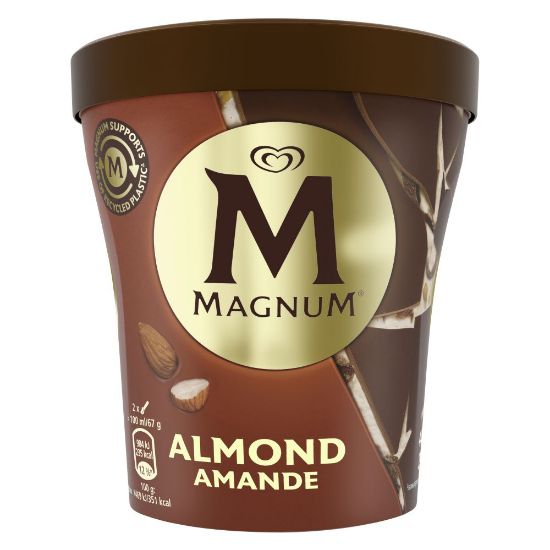 Bild von Magnum Pint Mandel mit der Beschreibung Vanilleeiscreme mit Milchschokoladenstücken, Mandelstiften in einer knackigen Milchschokoladenhülle.