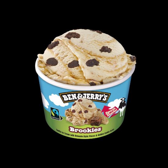 Bild von Ben & Jerry´s Brookies Cookie mit der Beschreibung Vanille-Eiscreme mit Brownie-Gebäckstückchen, durchzogen von Keks-Strudeln