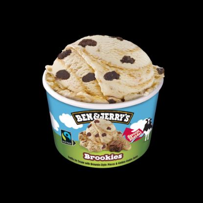 Bild von Ben & Jerry´s Brookies Cookie mit der Beschreibung Vanille-Eiscreme mit Brownie-Gebäckstückchen, durchzogen von Keks-Strudeln