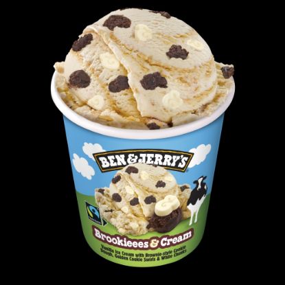 Bild von Brookieees & Cream mit der Beschreibung Vanilleeiscreme mit Kakao-Cookieteig-Stücken durchzogen von Keks-Strudeln