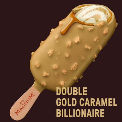 Bild von Magnum Double Gold mit der Beschreibung Verstrudeltes Keks- und Pekanusseis, umhüllt von gesalzener Karamellsauce und Karamellschokolade