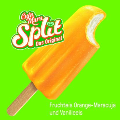 Bild von Cuja Mara Splitt mit der Beschreibung Vanilleeis mit einer leckeren Fruchteisumhüllung mit Maracujageschmack.