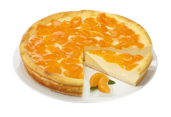 Bild von Rahm-Käsekuchen mit mit der Beschreibung Käsekuchen mit Mandarinen auf Mürbeteig, cremig, fruchtig, ohne Rand gebacken.