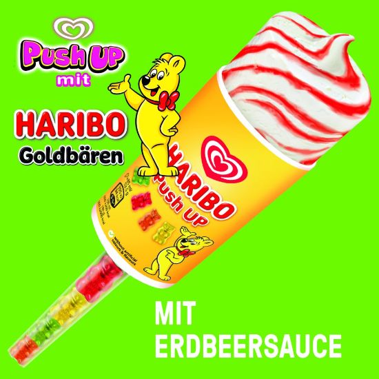 Bild von Max Push up Haribo mit der Beschreibung Eis mit Vanillegeschmack und Erdbeersauce und Fruchtgummibärchen.