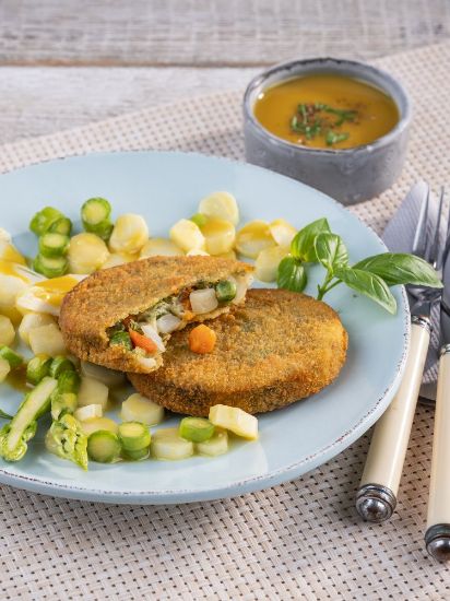 Bild von Gemüse Knusperfrikadelle mit der Beschreibung Veganes Erzeugnis aus Gemüse (Lauch, Karotten, SELLERIE, Blumenkohl, Erbsen), paniert, roh