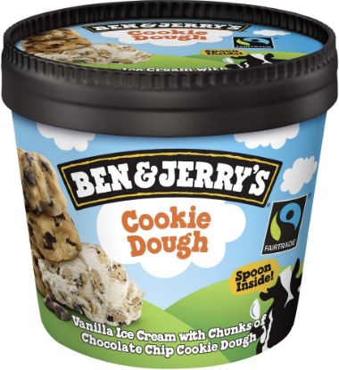 Bild von Cookie Dough mit der Beschreibung Vanille-Eiscreme mit riesigen Cookieteigstückchen und leckeren kakaohaltigen Bits.