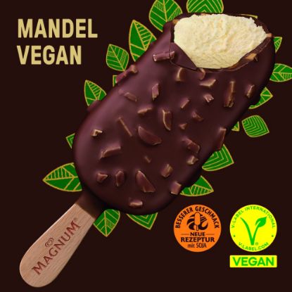 Bild von Magnum Mandel vegan mit der Beschreibung Veganes Vanillespeiseeis, umhüllt von veganer Schokoladenkuvertüre mit Mandelstiften.