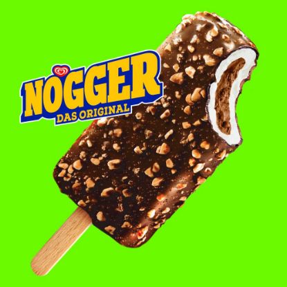Bild von Nogger Original mit der Beschreibung Eis mit Vanillegeschmack und Schokoladeneis-Kern, mit einer nussigen Kakaoglasur.