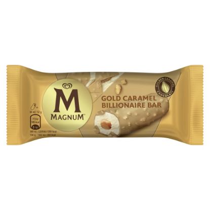 Bild von Magnum Riegel Billionaire mit der Beschreibung Cremiges Eis mit Keksgeschmack, durchzogen von einem Kern aus Karamellsauce.