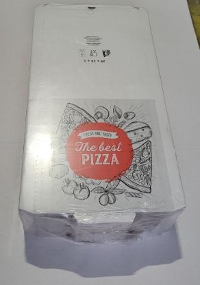 Bild von Pizza-Karton mit der Beschreibung 29 x 29 x 3 cm