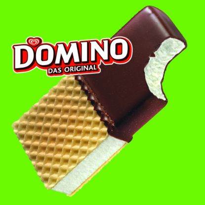 Bild von Domino mit der Beschreibung Vanilleeis je zur Hälfte mit knackiger Kakaoglasur und Waffel umhüllt