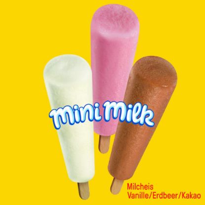 Bild von Mini Milk mit der Beschreibung Mischkarton Vanille Schokolade Erdbeer Eis