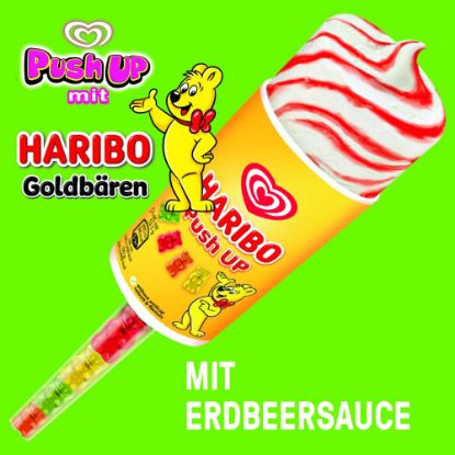 Bild von Max Push up Haribo mit der Beschreibung Eis mit Vanillegeschmack und Erdbeersauce und Fruchtgummibärchen.