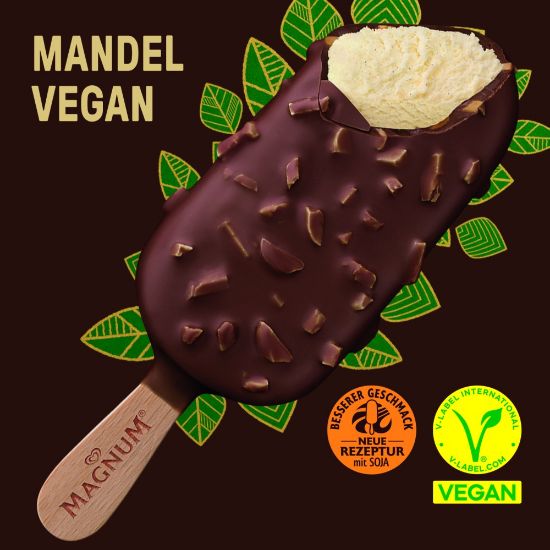 Bild von Magnum Mandel vegan mit der Beschreibung Veganes Vanillespeiseeis, umhüllt von veganer Schokoladenkuvertüre mit Mandelstiften.