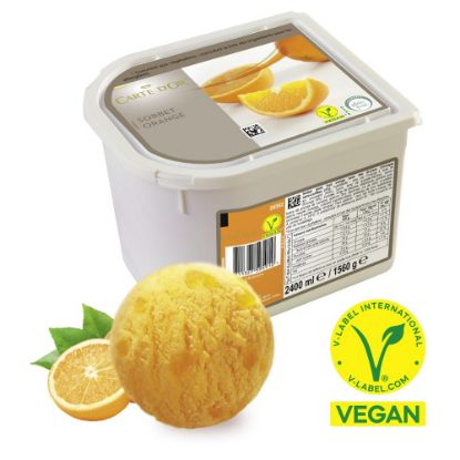 Bild von CD Orangen Sorbet vegan mit der Beschreibung Zartschmelzend und erfrischend fruchtig, inklusive Fruchtstückchen