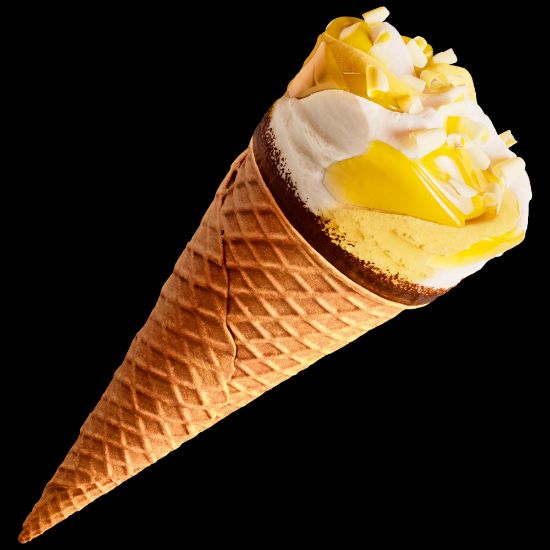 Bild von Cornetto Bottermelk Zitrone mit der Beschreibung Buttermilch-Eis mit Zitrone, Zitronensauce, dekoriert mit weißen Schokoladenstückchen.