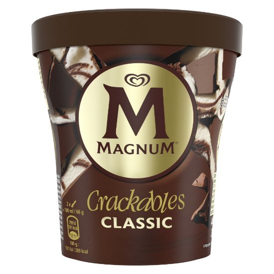 Bild von Magnum Crackables Classic mit der Beschreibung Vanilleeis mit Milchschokostückchen und einer knackigen Milchschokoladenhülle.