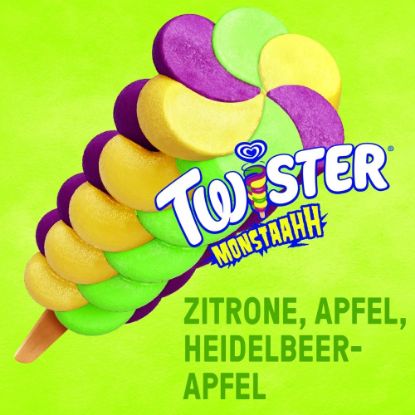 Bild von Twister Monstaahh mit der Beschreibung Aufregend verdrehtes Wassereis mit Zitronen-, Apfel- und Heidelbeergeschmack.