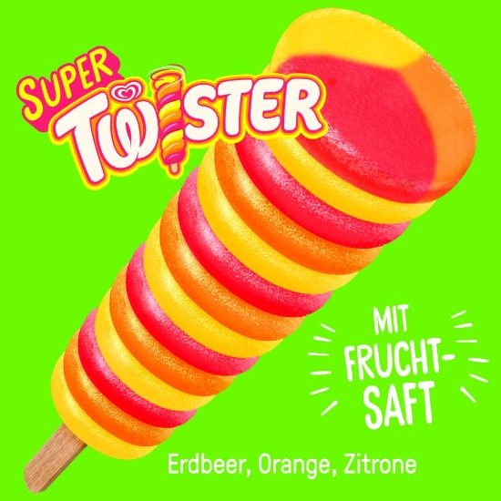 Bild von Super Twister mit der Beschreibung Erdbeer-Zitronen-Wassereis, Zitronenfruchteis und Orangenfruchteis.