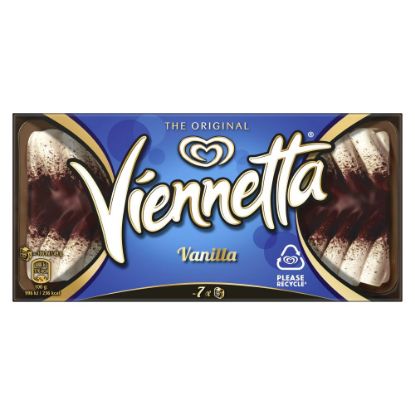 Bild von Viennetta Vanille mit der Beschreibung Eis mit Vanillegeschmack, von feinen schokobraunen Knisperschichten durchzogen.
